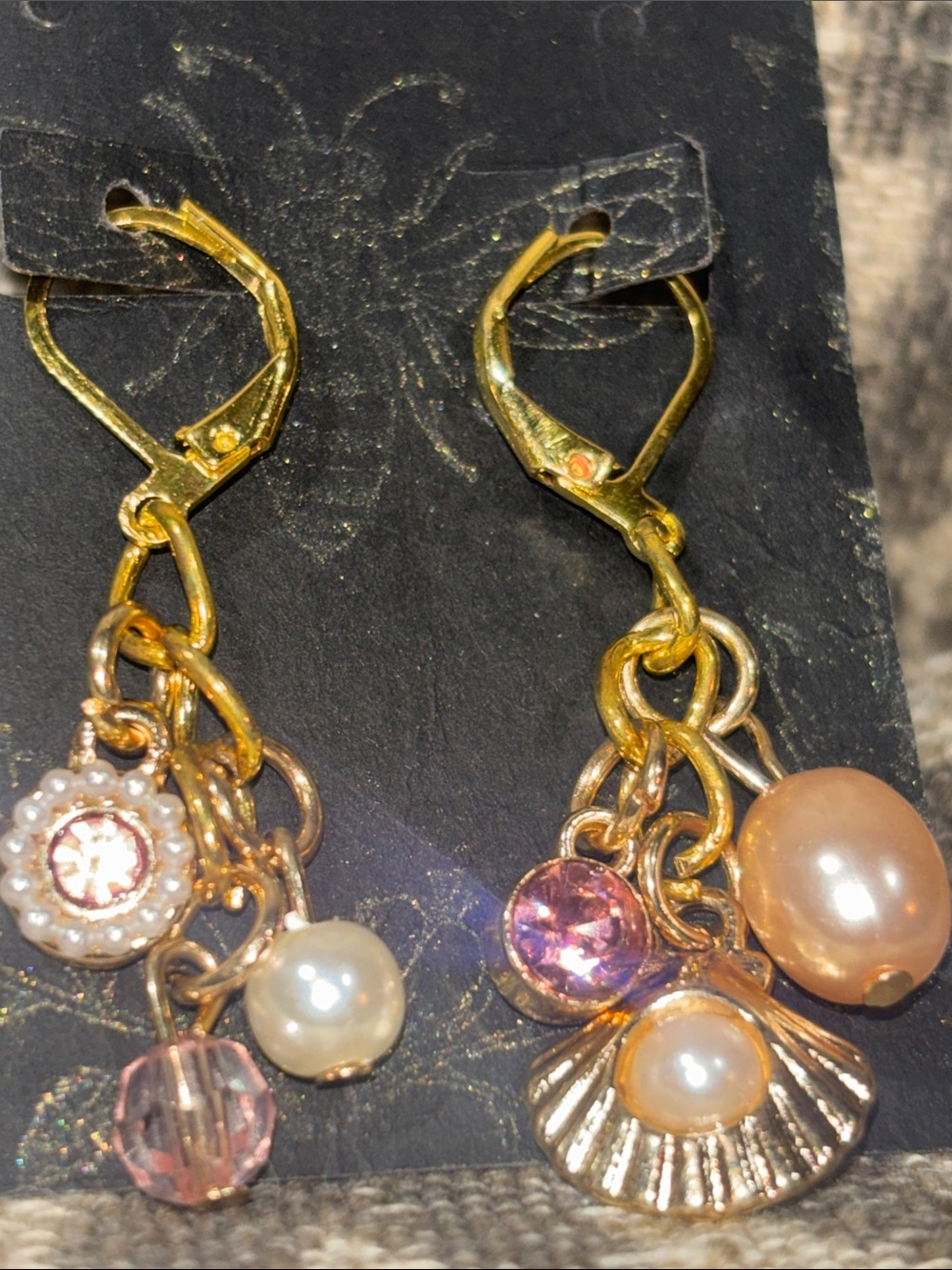 KB coastal dangle earring beachy resort gold tone pink gemstone pearl accent